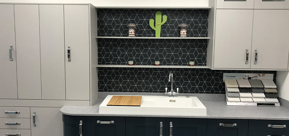 Vista Blocked Hex Midnight splashback displayed by Furniture Components UK Ltd of Lancashire 